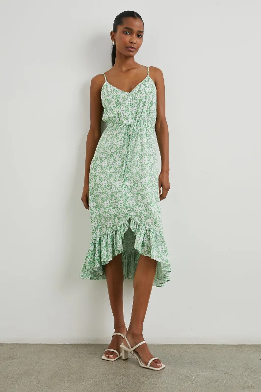 Printed floral women swimwear for a feminine and colorful beach vibeFRIDA DRESS - GREEN TEXTURE FLORAL