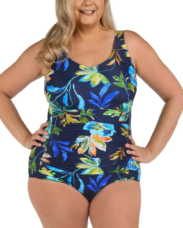 Sports women swimwear for high - intensity water activities like swimming laps2025 Maxine of Hollywood Plus Indigo Vineyard Side Shirred One Piece - Mw5ec14