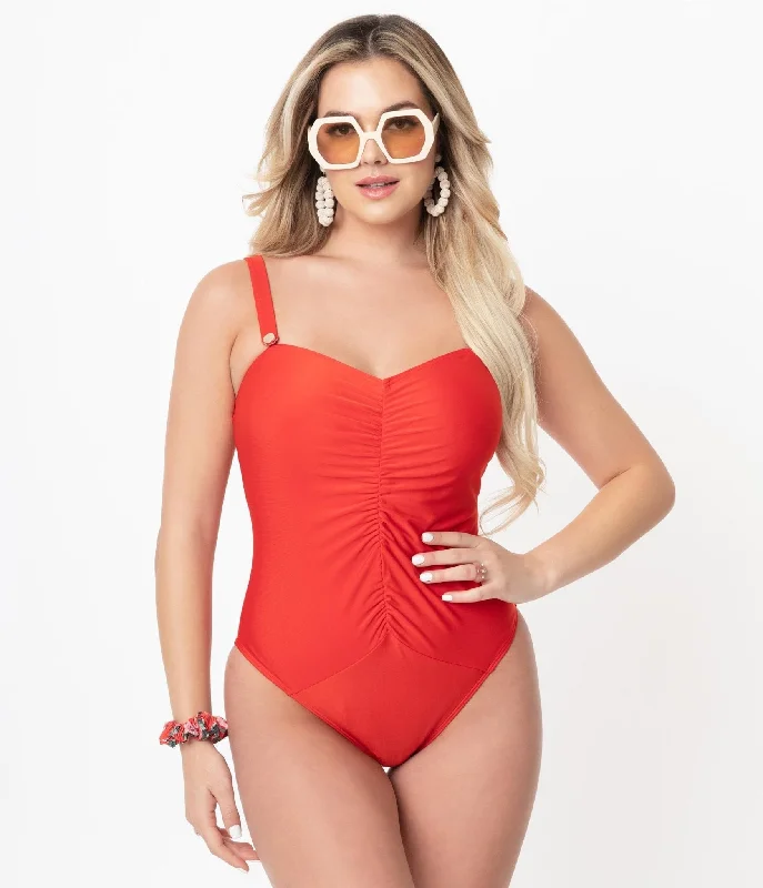 Metallic women swimwear with a shiny finish for a glamorous poolside lookBettie Page x Playful Promises Honey Red One Piece Swimsuit