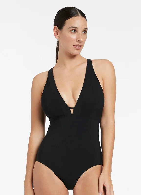 Striped women swimwear with a classic pattern for a timeless beach lookJetset E-F Clean Plunge One Piece - Black