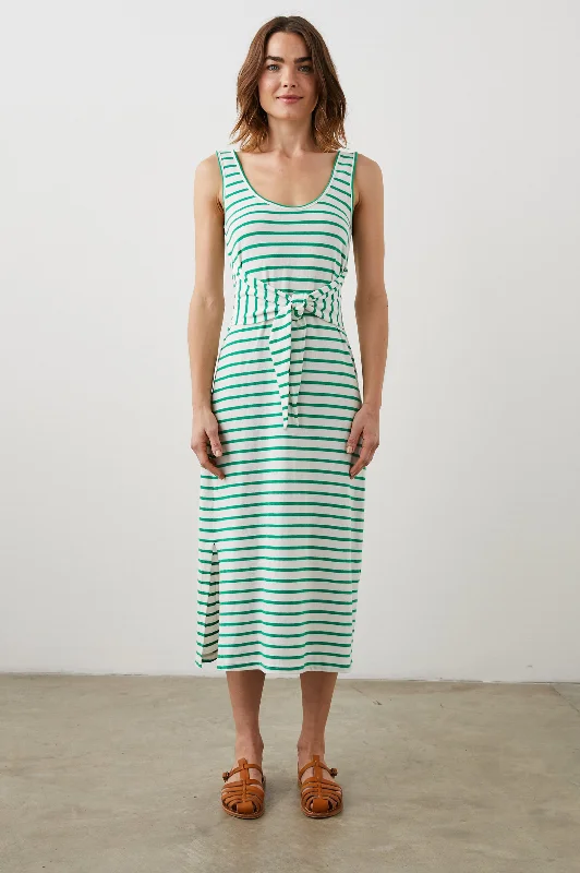 Sustainable women swimwear made from recycled materials for eco - conscious beachgoersMEG DRESS - SAILOR STRIPE GREEN