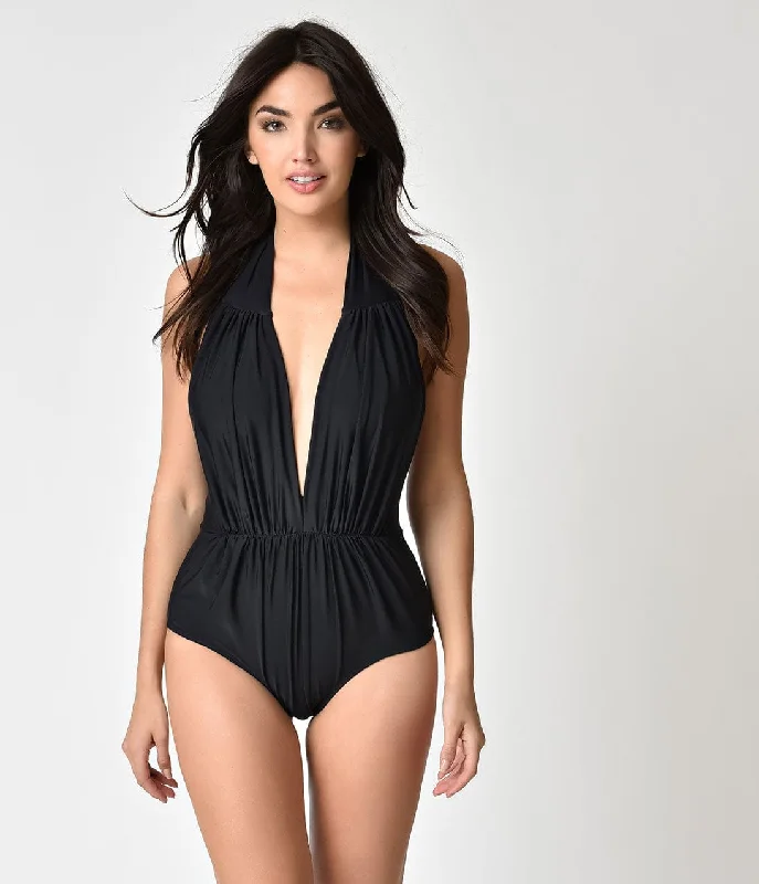 Lace - trimmed women swimwear for an elegant and romantic touchUnique Vintage Black Halter Shirred Derek One Piece Swimsuit