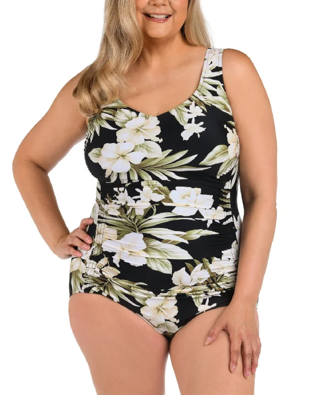 Tropical - print women swimwear for a vacation - ready beach style2025 Maxine of Hollywood Plus Island Greenery Side Shirred One Piece - Mw5em14