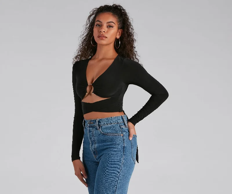 Cropped Women Long Sleeve Top to Pair with High - Waisted BottomsDouble Take Cutout Crop Top