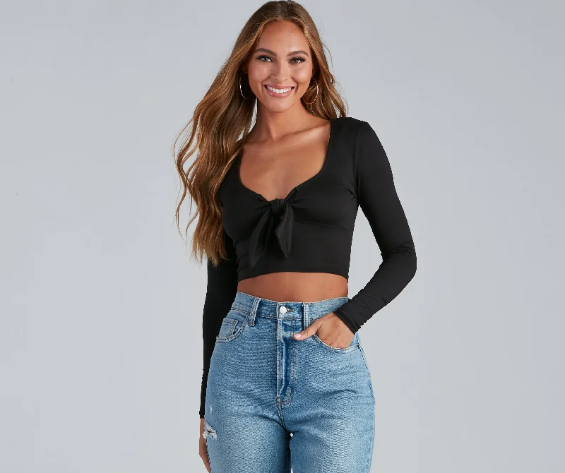 Metallic Accent Women Long Sleeve Top for a Glamorous LookLove You Knot Tie-Front Crop Top