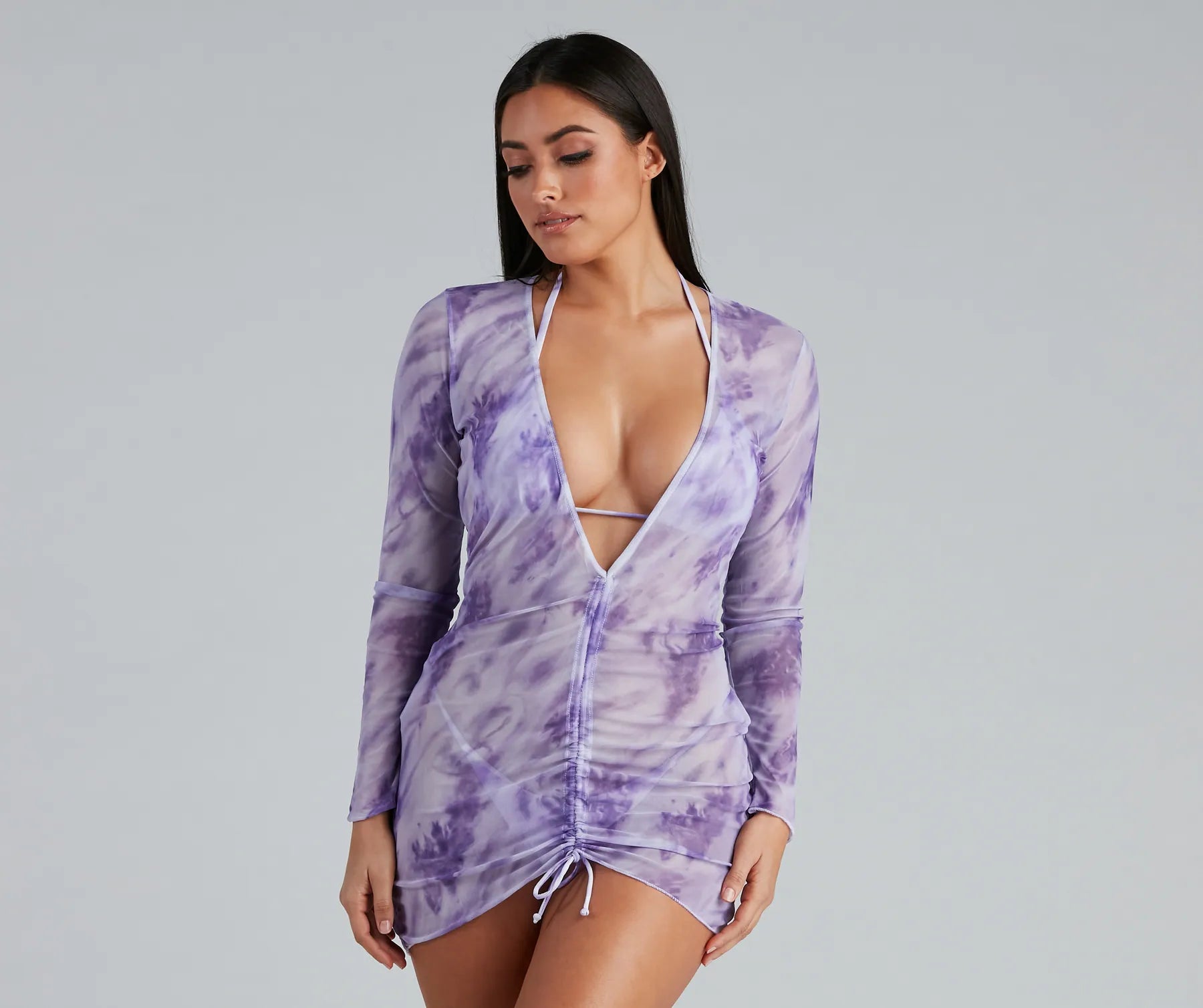 Printed Graphic Women Long Sleeve Top with a Bold StatementOn Cloud Nine Mesh Ruched Cover-Up