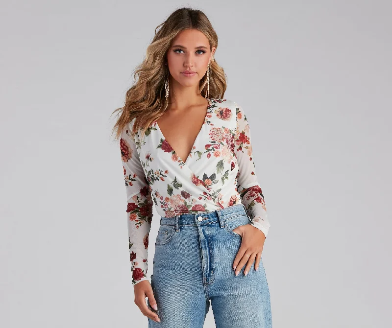 Cropped Women Long Sleeve Top to Pair with High - Waisted BottomsNatural Bloom Mesh Floral Surplice Bodysuit