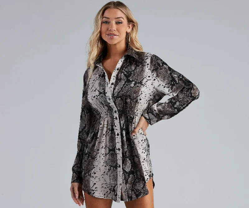 Plus Size Women Long Sleeve Top for a Flattering and Comfortable FitSlithering Good Satin Button-Up Tunic