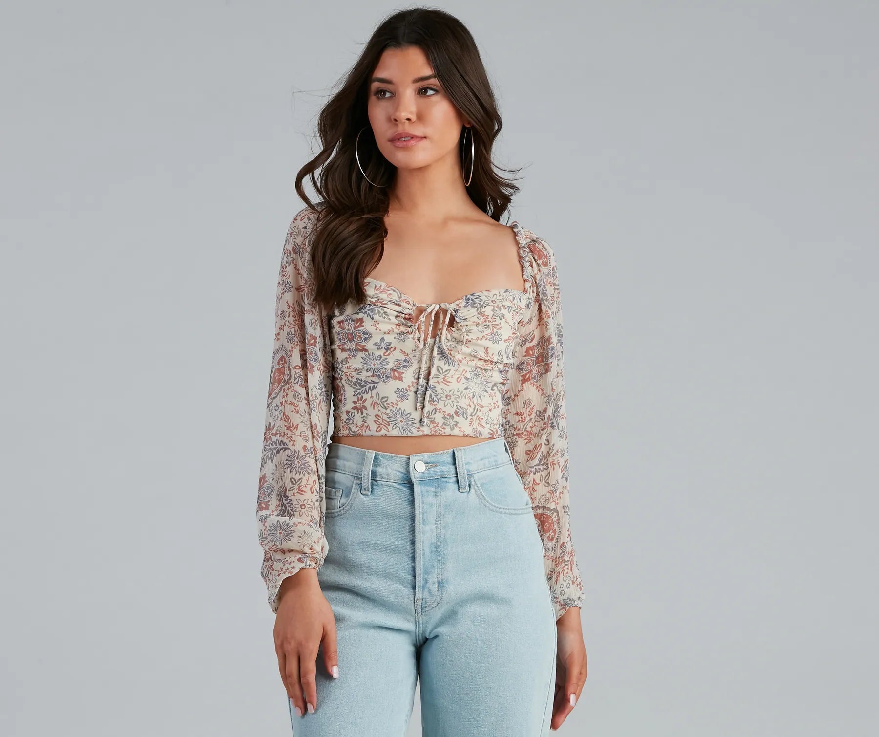 Plus Size Women Long Sleeve Top for a Flattering and Comfortable FitSpringtime Paisley Chiffon Crop Top