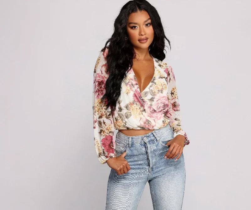 Metallic Accent Women Long Sleeve Top for a Glamorous LookFloral Rush Surplice Mesh Top