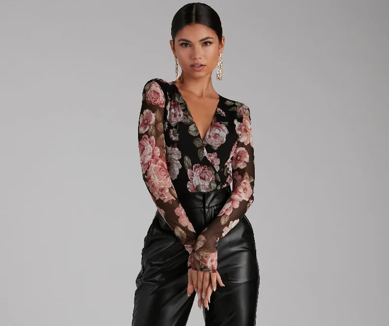 Mock Neck Women Long Sleeve Top for a Modern AestheticAutumn Roses Plunge Surplice Mesh Bodysuit