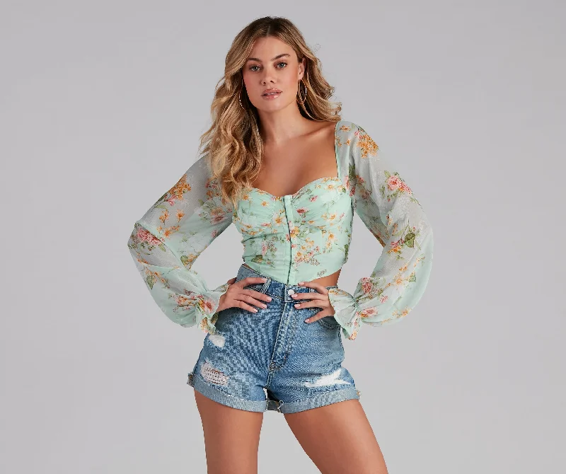 Printed Graphic Women Long Sleeve Top with a Bold StatementGorgeous Florals Chiffon Corset Top