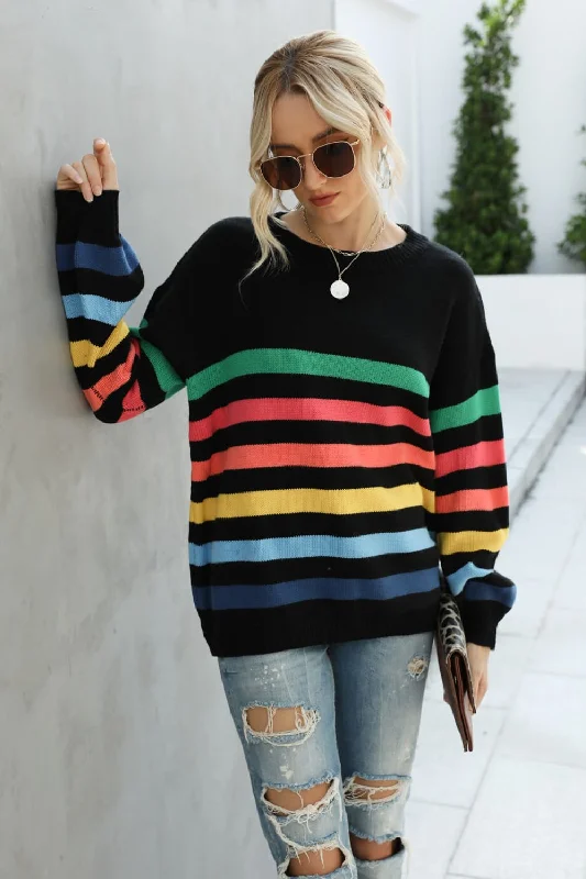 Mock - Neck Women Sweater for a Modern TwistAngel Wings Rainbow Stripe Dropped Shoulder Sweater