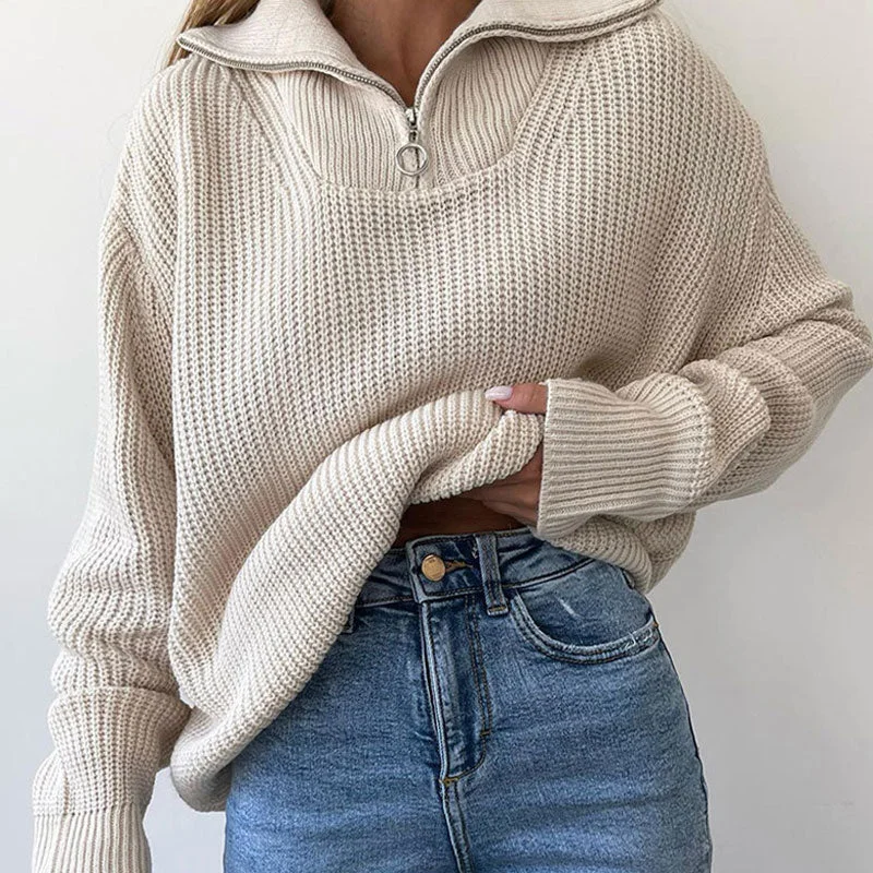 V - Neck Women Sweater to Elongate the NecklineAthleisure Brioche Ribbed Knit Front Zip Spread Collar Drop Shoulder Oversized Sweater