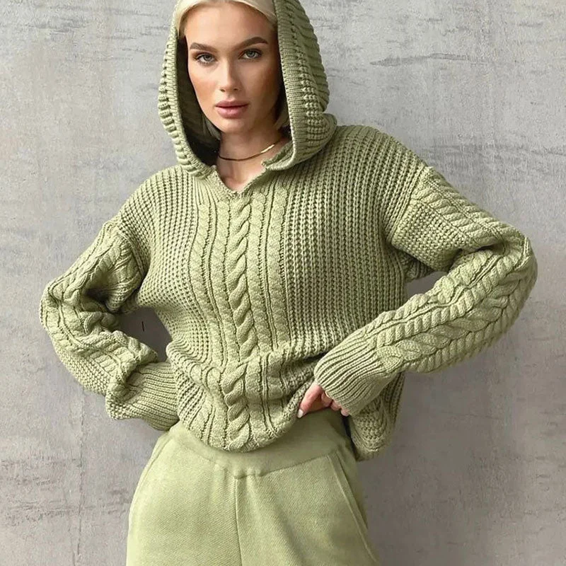 Open - Front Women Sweater for Easy LayeringAthleisure Fisherman Cable Knit Drop Shoulder Long Sleeve Hooded Oversized Sweater