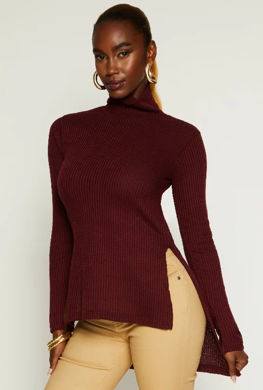 Plus - Size Women Sweater with a Flattering FitWaffle Knit Turtleneck High Low Top