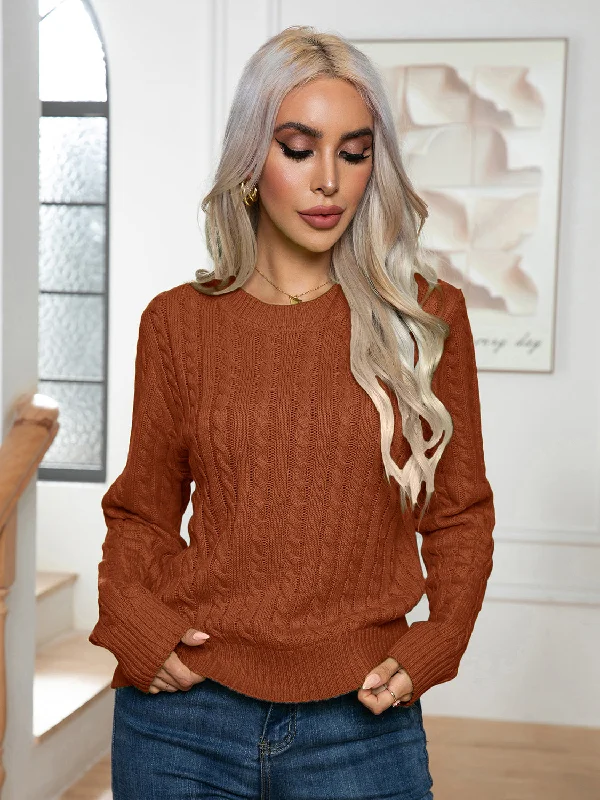 Hooded Women Sweater for Added Comfort and StyleCable-Knit Round Neck Long Sleeve Sweater