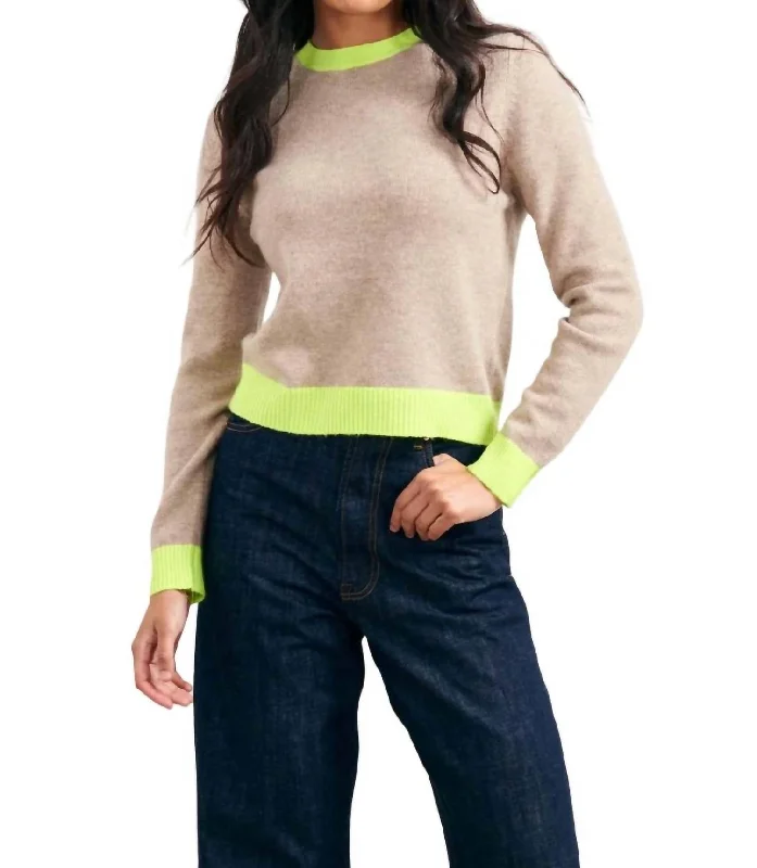 V - Neck Women Sweater to Elongate the NecklineContrast Crew Sweater In Brown/neon Yellow