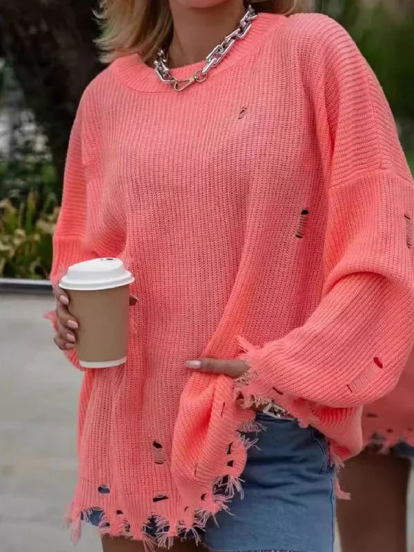 Plus - Size Women Sweater with a Flattering FitDistressed Round Neck Long Sleeve Sweater