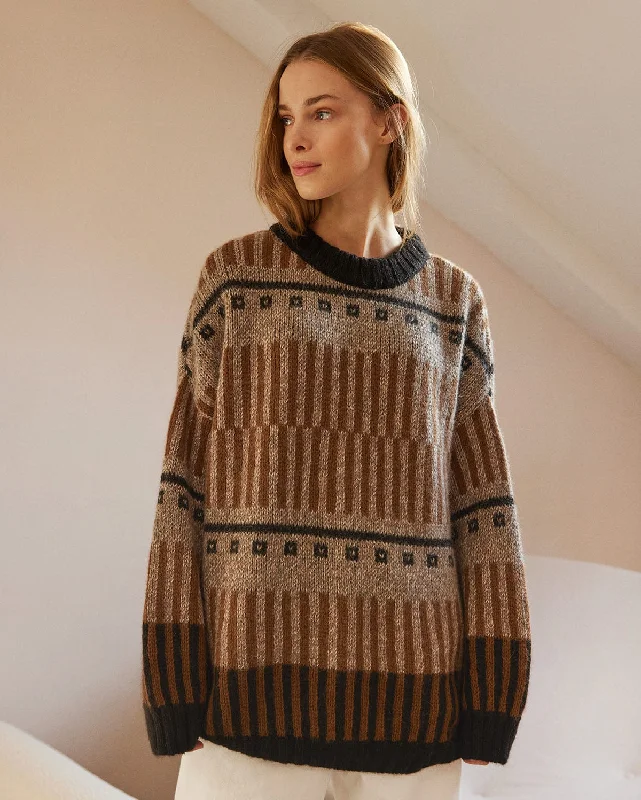 Striped Women Sweater with a Timeless PatternEthno: Brown Alpaca Wool Sweater