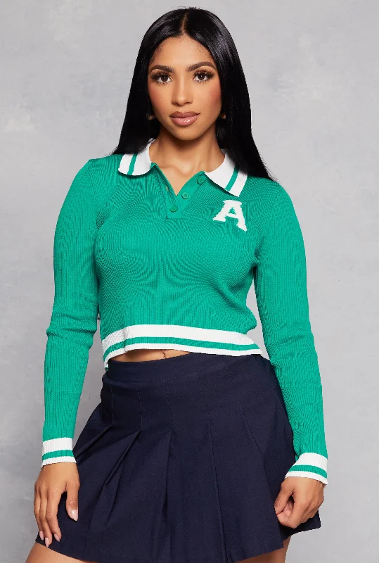 Cropped Women Sweater to Pair with High - Waisted BottomsA Initial Chenille Patch Cropped Sweater