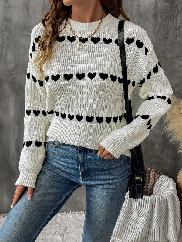 Hooded Women Sweater for Added Comfort and StyleHeart Round Neck Long Sleeve Sweater