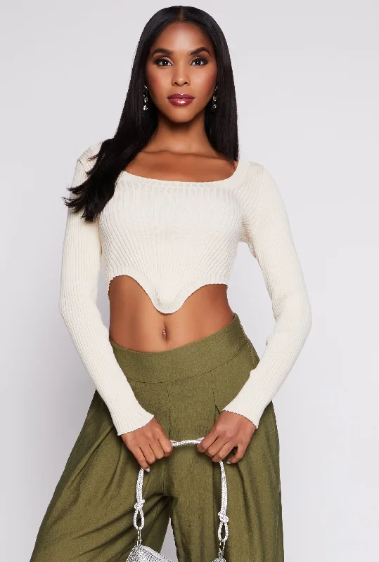 Long - Sleeve Women Sweater with Ribbed CuffsRibbed Scoop Neck Hanky Hem Sweater