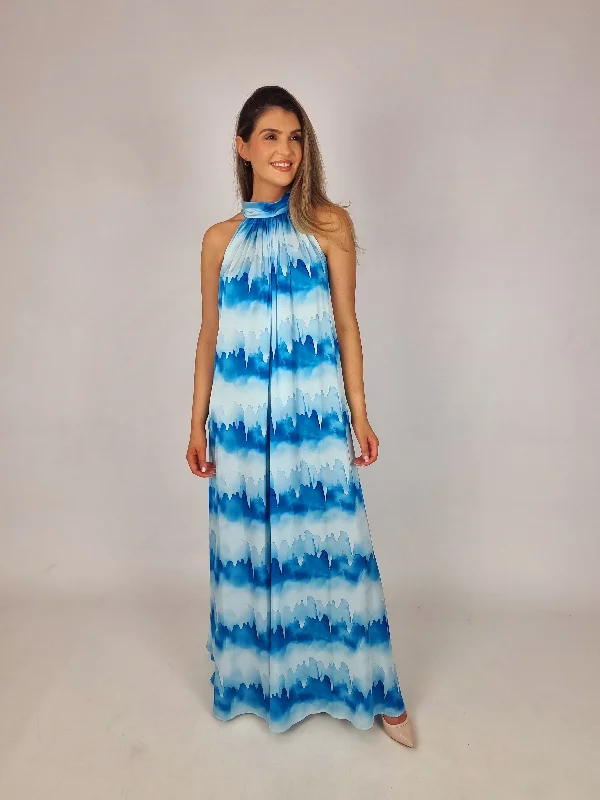 Cashmere Women Sweater with a Luxurious Soft TouchMd'M Blue Tie Dye Halter Neck Dress