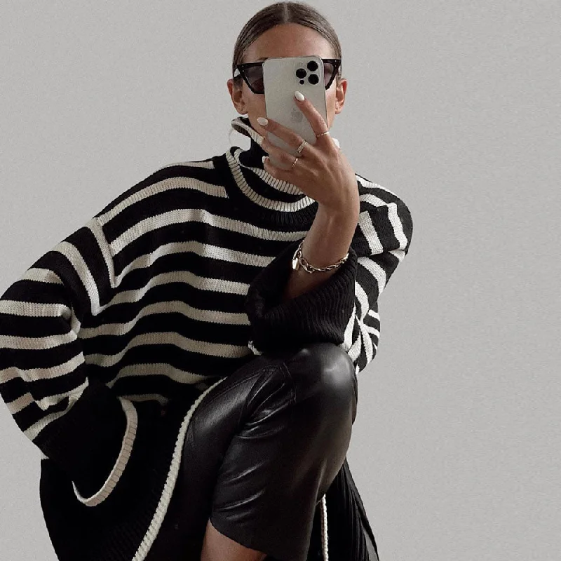 Cable - Knit Women Sweater with Intricate PatternsOversized Turtleneck Bell Sleeve Breton Stripe Slit Knit Sweater