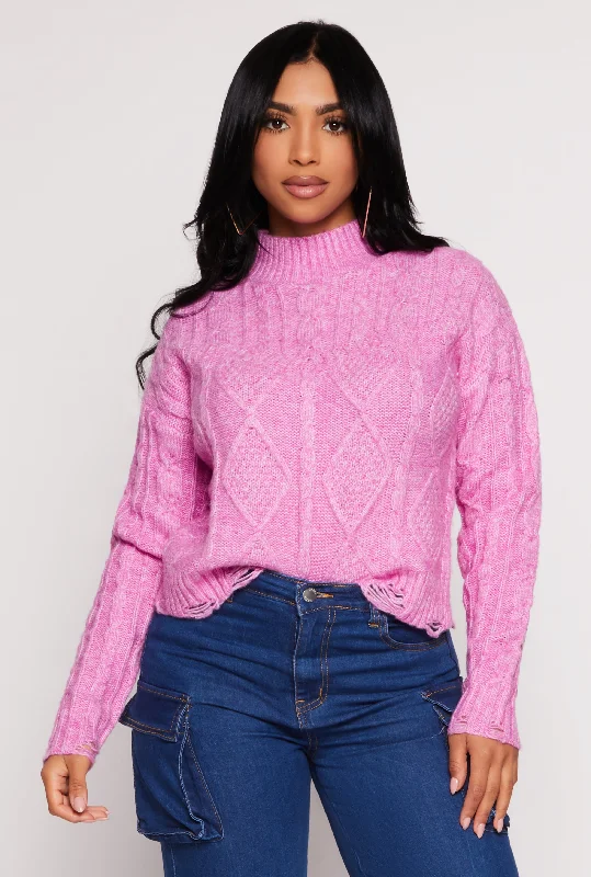 Long - Sleeve Women Sweater with Ribbed CuffsWool Cable Knit Distressed Cropped Sweater