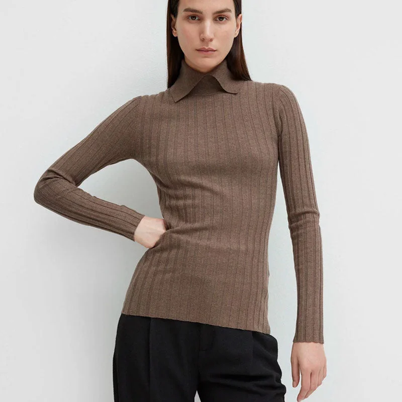 Long - Sleeve Women Sweater with Ribbed CuffsQuiet Luxury Collared Long Sleeve Chunky Ribbed Knit Blend Wool Sweater