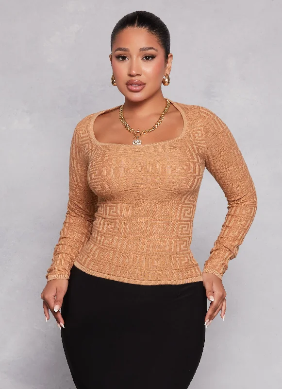 Cropped Women Sweater to Pair with High - Waisted BottomsGreek Key Square Neck Sweater