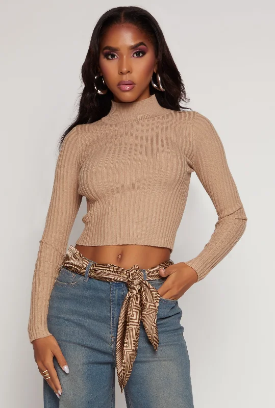 Hooded Women Sweater for Added Comfort and StyleRibbed Knit Mock Neck Cropped Sweater