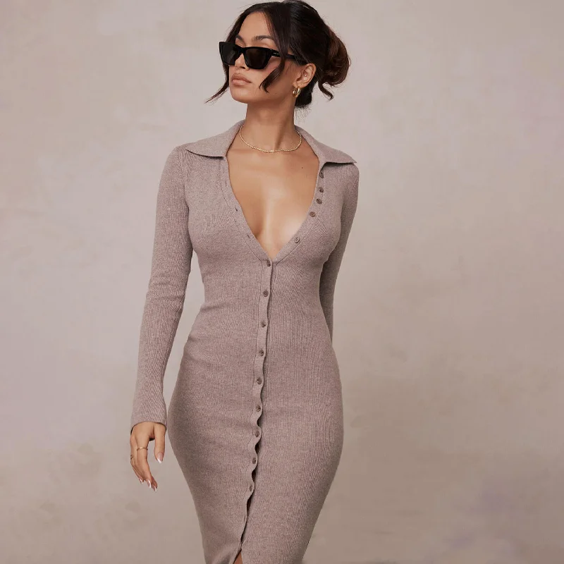 Hooded Women Sweater for Added Comfort and StyleVersatile Spread Collar Button Up Sleeved Rib Knit Slim Sweater Midi Dress