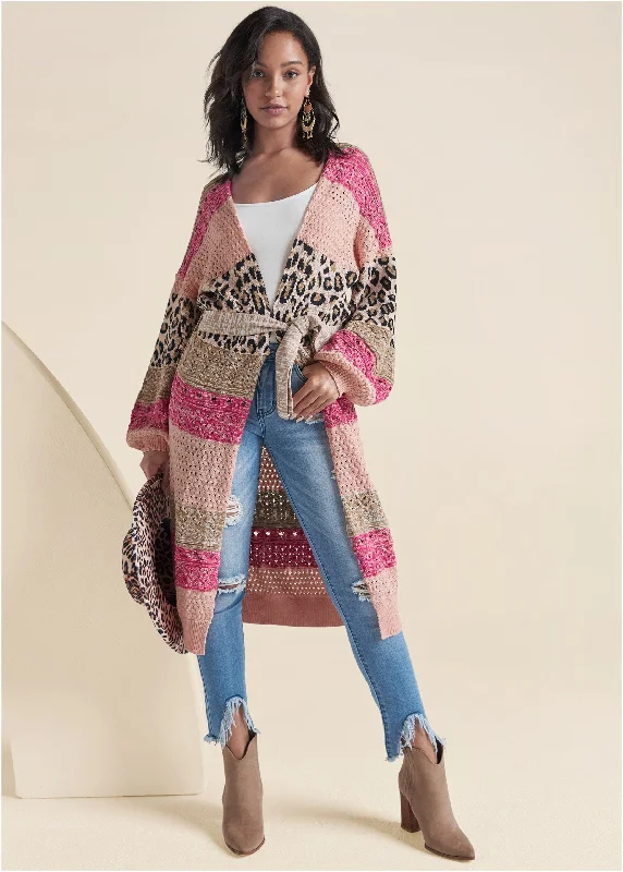 Open - Front Women Sweater for Easy LayeringMixed Print Belted Duster - Pink Multi