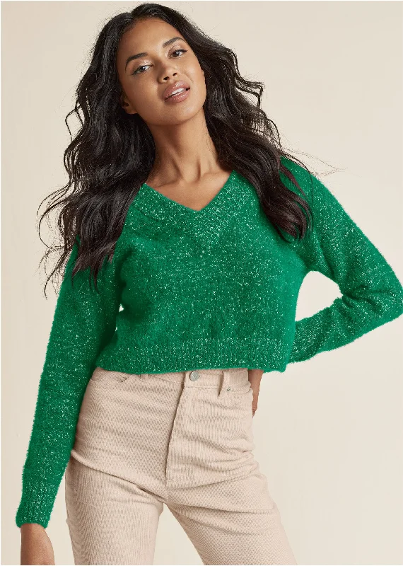 Striped Women Sweater with a Timeless PatternV-Neck Sweater - Emerald