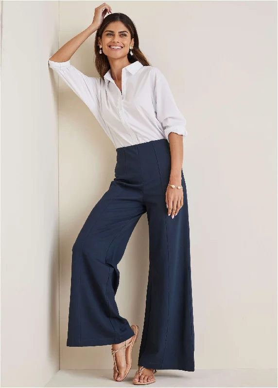 Open - Front Women Sweater for Easy LayeringSmoothing Ponte Wide-Leg Pants - Navy