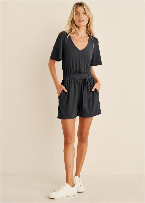 Cashmere Women Sweater with a Luxurious Soft TouchTie Waist Romper - Black