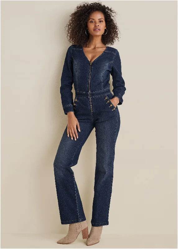 Striped Women Sweater with a Timeless PatternZip Front Denim Jumpsuit - Dark Wash