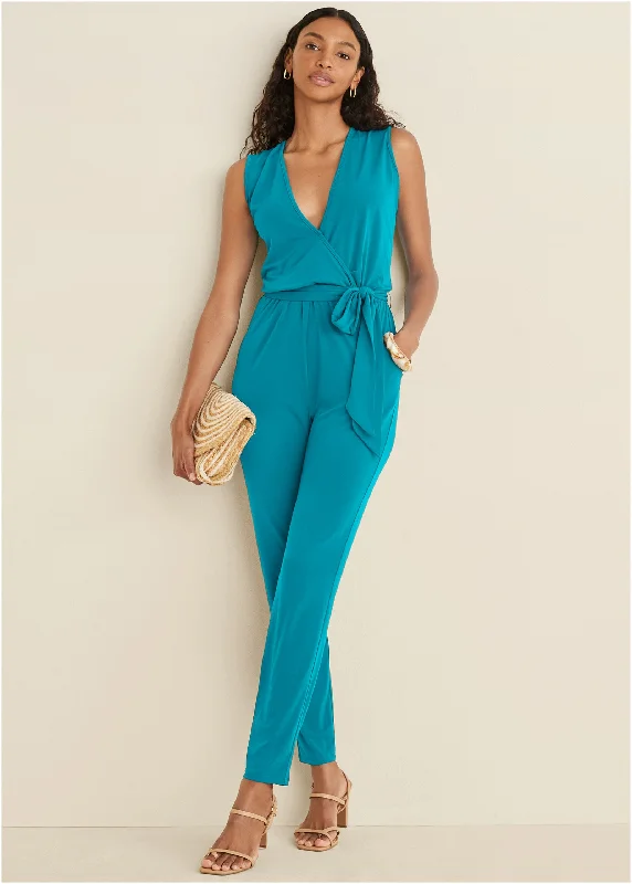 Color - Blocked Women Sweater for a Bold Fashion StatementWrap Tie Jumpsuit - Teal