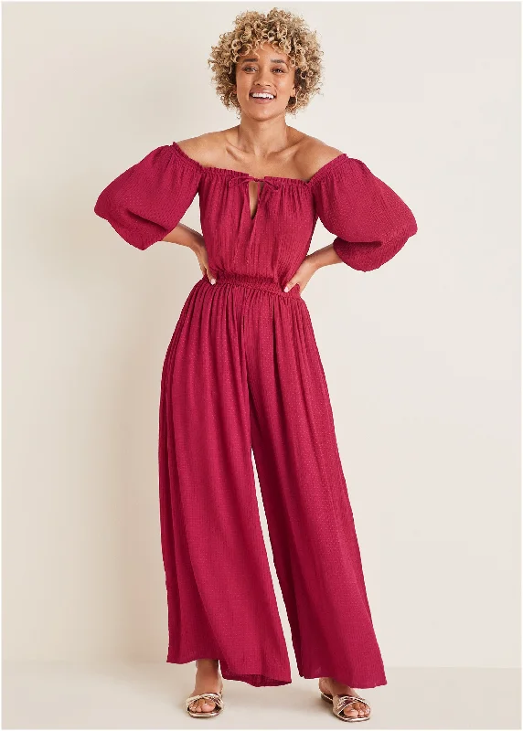 Plus - Size Women Sweater with a Flattering FitOff-The-Shoulder Jumpsuit - Red