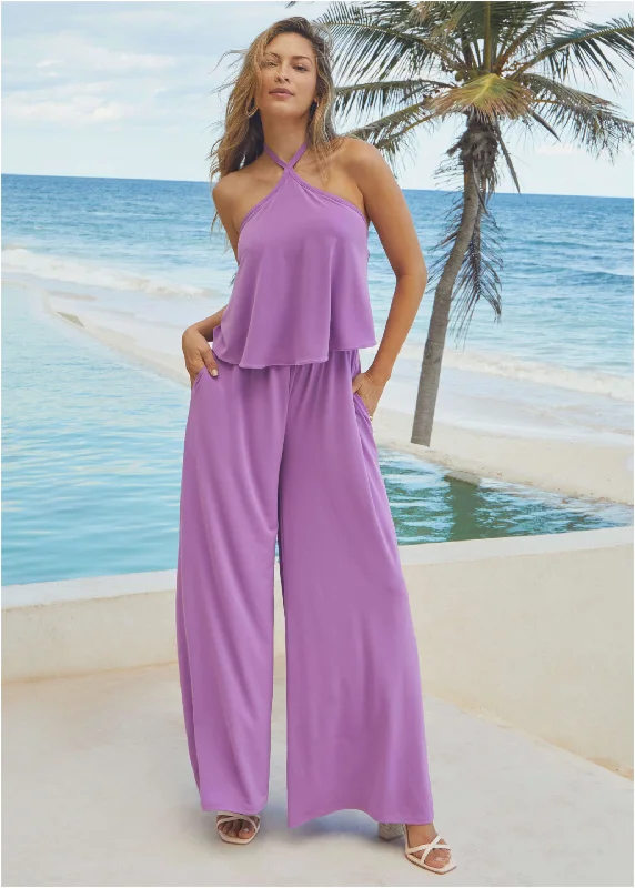 Open - Front Women Sweater for Easy LayeringCross Neck Jumpsuit - Purple