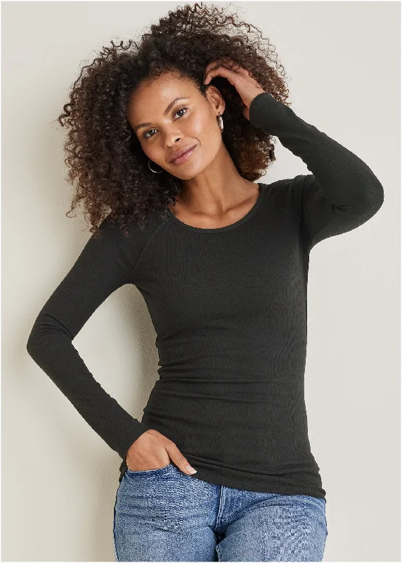 Long - Sleeve Women Sweater with Ribbed CuffsRibbed Crew Neck Top - Black