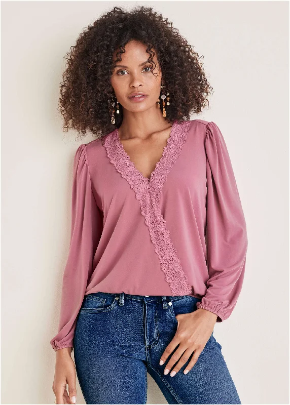 Organic Cotton Women Sweater for an Eco - Friendly ChoiceFaux Wrap Lace Trim Blouse - Heather Rose