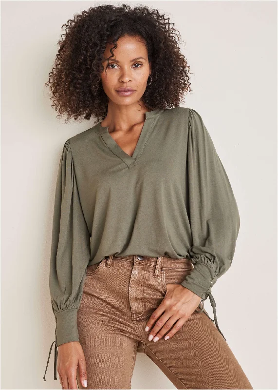 Cable - Knit Women Sweater with Intricate PatternsV-Neck Puff Sleeve Top - Olive