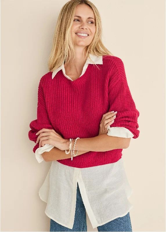 Chunky Knit Women Sweater for Winter WarmthSlub Crew Sweater - Red