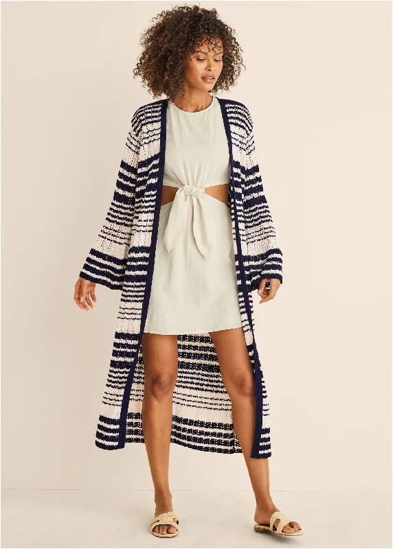 V - Neck Women Sweater to Elongate the NecklineStripe Duster  - Navy Multi