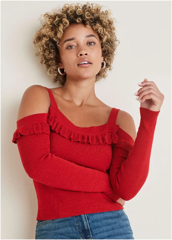 Cashmere Women Sweater with a Luxurious Soft TouchCold Shoulder Ruffle Top - Equestrian Red