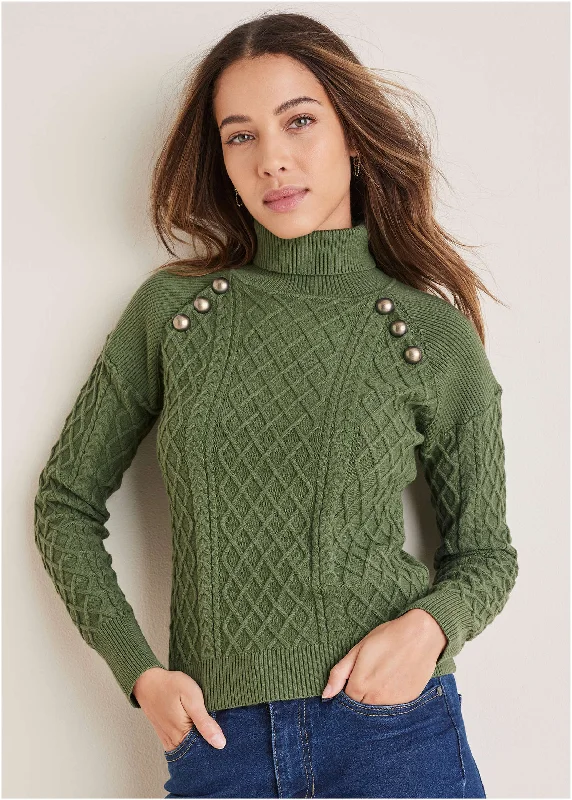 Cropped Women Sweater to Pair with High - Waisted BottomsMilitary Button Sweater - Bronze Green