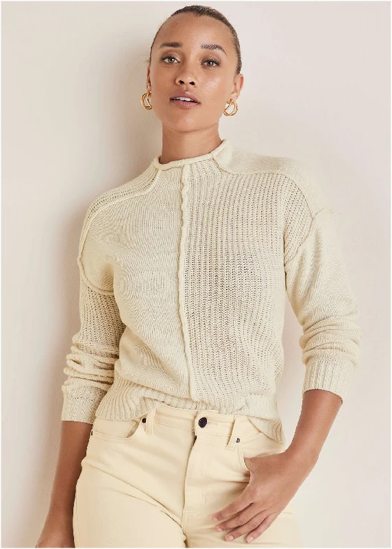 Button - Down Women Sweater for a Versatile LookMock Neck Knit Sweater  - Off White